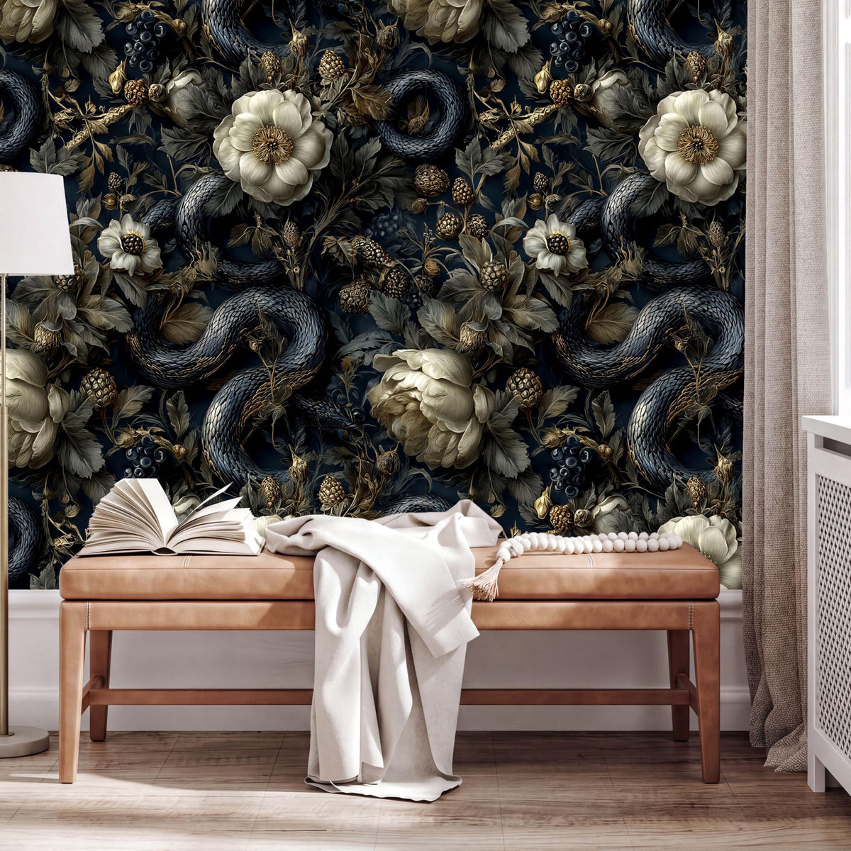 a dark blue wall with a floral pattern, including white and gold flowers, green leaves, and a snake. In front of the wall, there is a wooden bench with an open book and a white blanket draped over it.