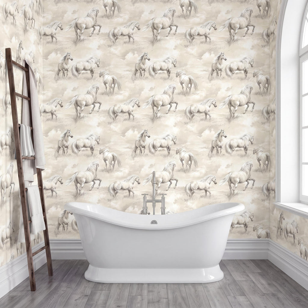 a bathroom with a white freestanding bathtub in the center, surrounded by a wall with a repeating pattern of horses.
