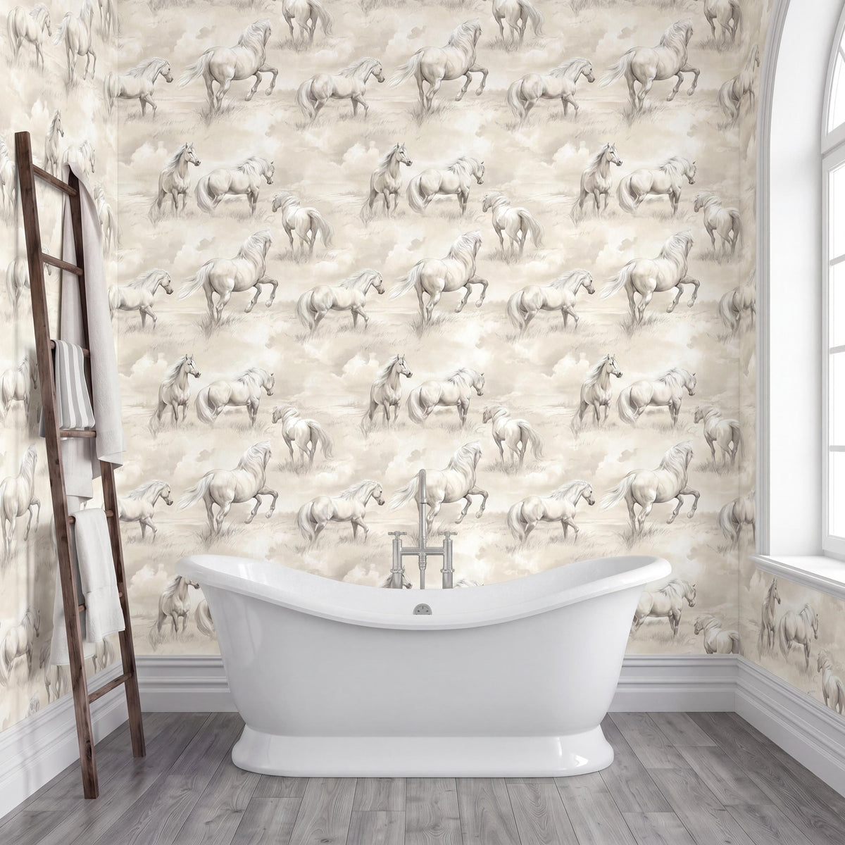 a bathroom with a white freestanding bathtub in the center, surrounded by a wall with a repeating pattern of horses.