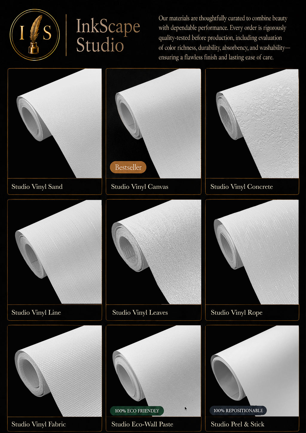 a variety of white paper products, including studio vinyl, canvas, concrete, line, leaves, rope, and fabric, arranged in a grid-like pattern.