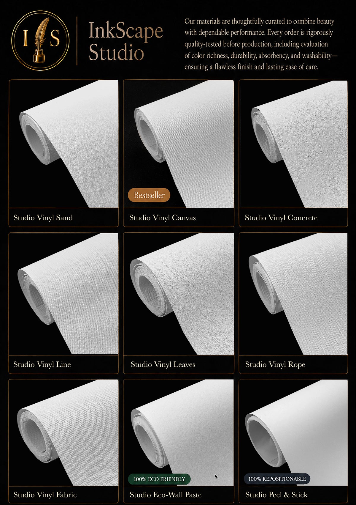 a variety of white paper products, including studio vinyl, canvas, concrete, line, leaves, rope, and fabric, arranged in a grid-like pattern.