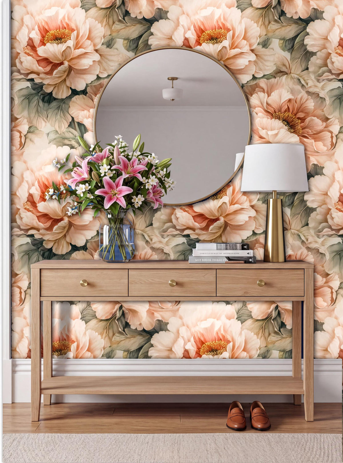 a wooden console table with a round mirror above it, set against a wall with a floral wallpaper. The table has a vase of flowers and a lamp on it, creating a cozy and inviting atmosphere.