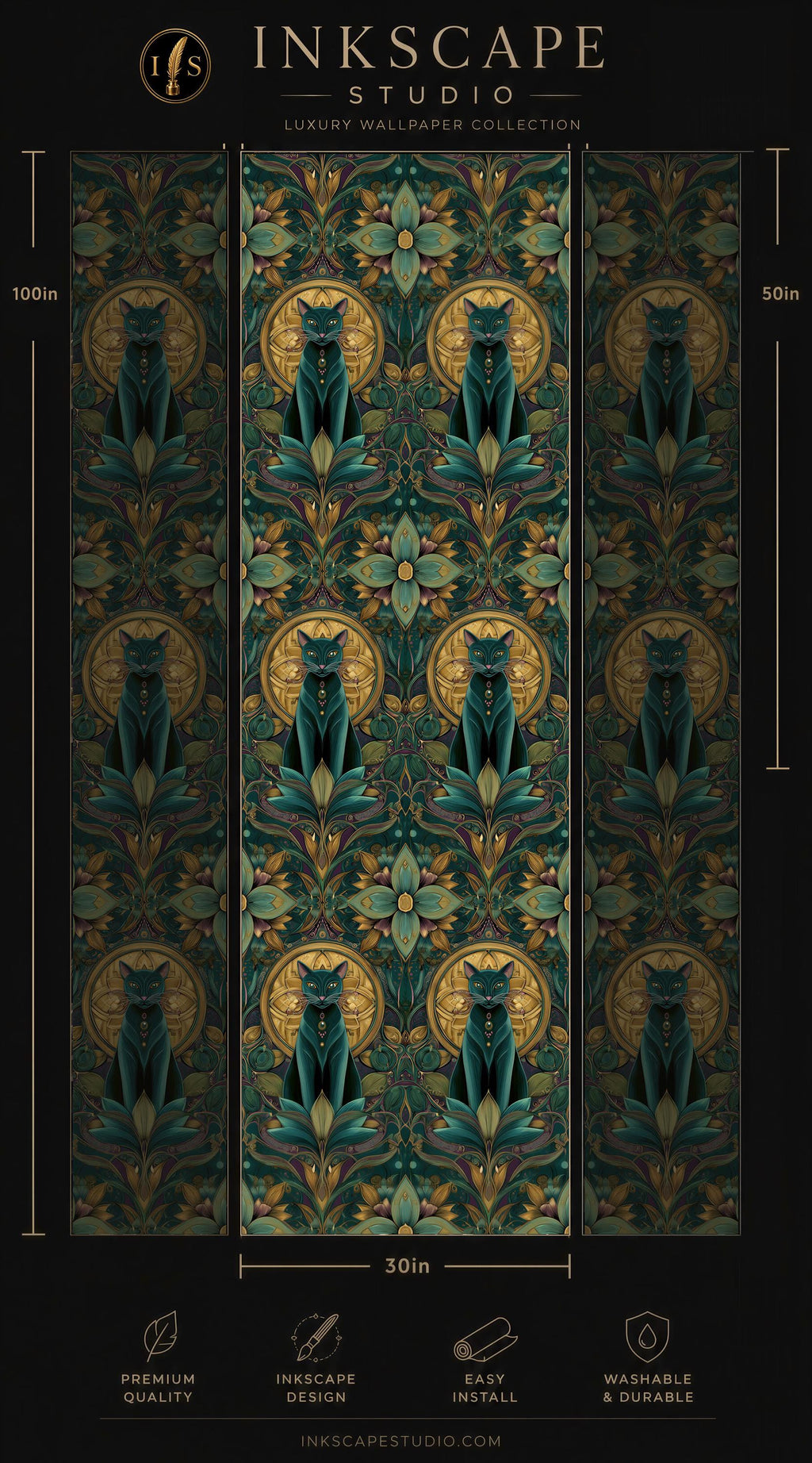The image is a collage of three panels featuring a repeating pattern of green cats against a dark background. The panels are arranged in a vertical format, with the top panel having a larger size than the other two. The pattern consists of multiple instances of the cats, creating a sense of depth and complexity. The image does not contain any text, and the focus is on the visual elements rather than the content.