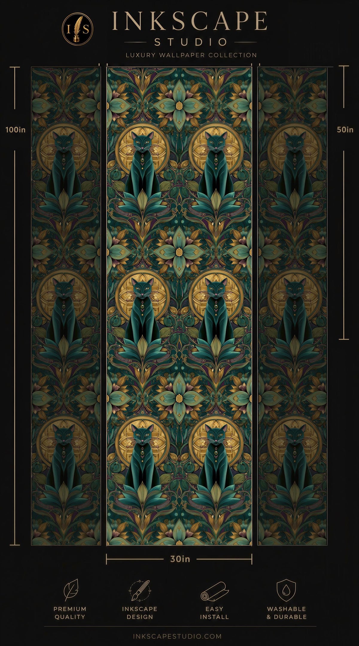 The image is a collage of three panels featuring a repeating pattern of green cats against a dark background. The panels are arranged in a vertical format, with the top panel having a larger size than the other two. The pattern consists of multiple instances of the cats, creating a sense of depth and complexity. The image does not contain any text, and the focus is on the visual elements rather than the content.