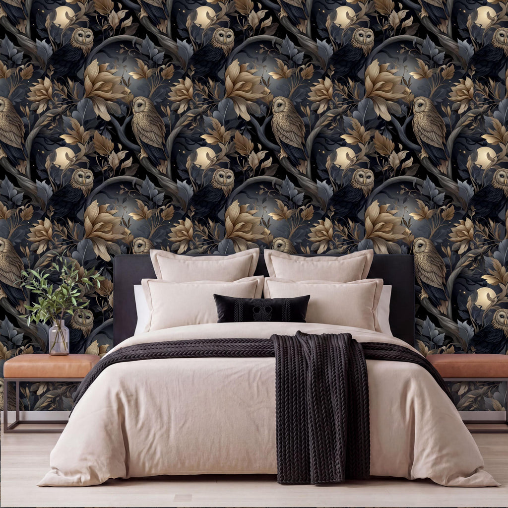 a bedroom with a large bed, dark blue and gold wallpaper, and a black and white throw blanket.