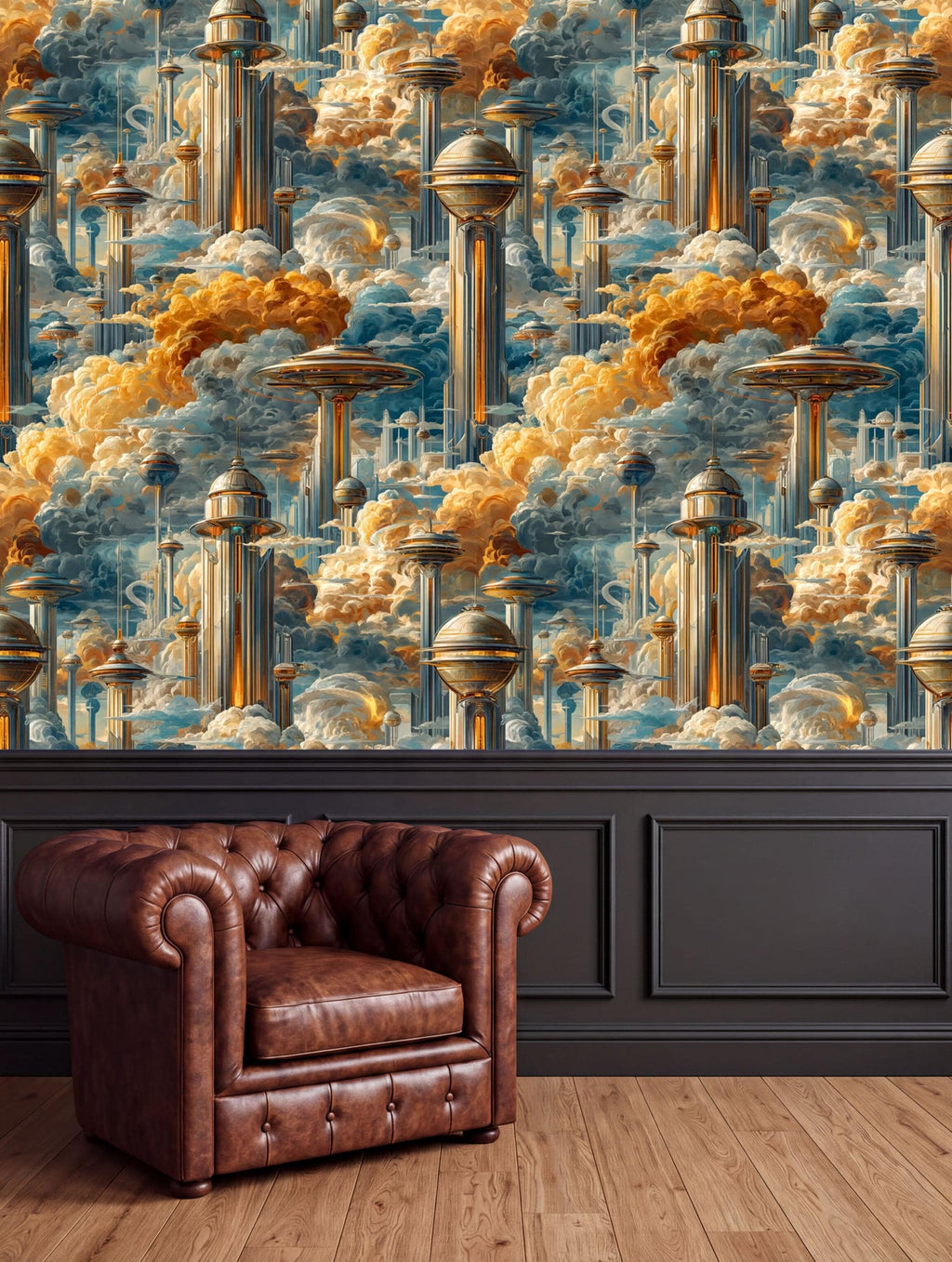 a large, colorful wallpaper with a futuristic cityscape design, including tall buildings, towers, and floating objects. In the foreground, there is a brown leather armchair, and the background has a dark, textured wall.