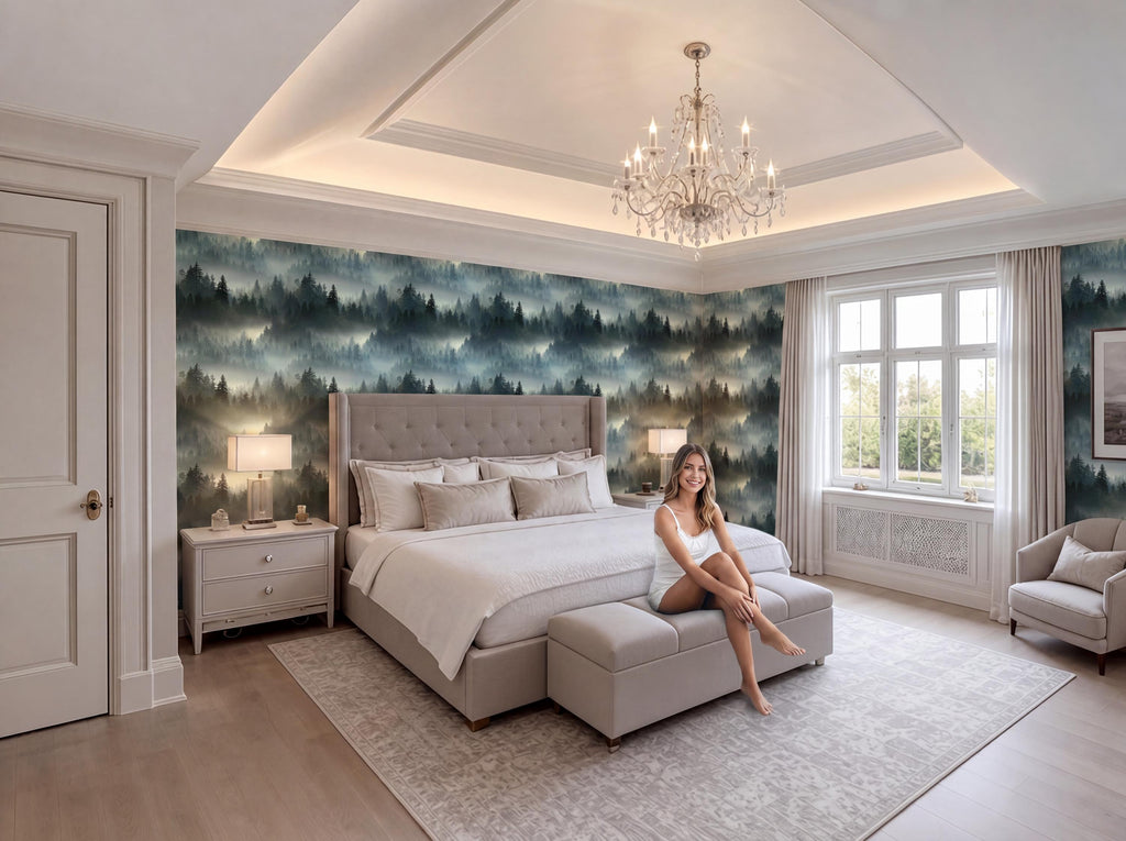 A woman sits on a bench in a luxurious bedroom with a large bed, a chandelier, and a forest-themed wallpaper.