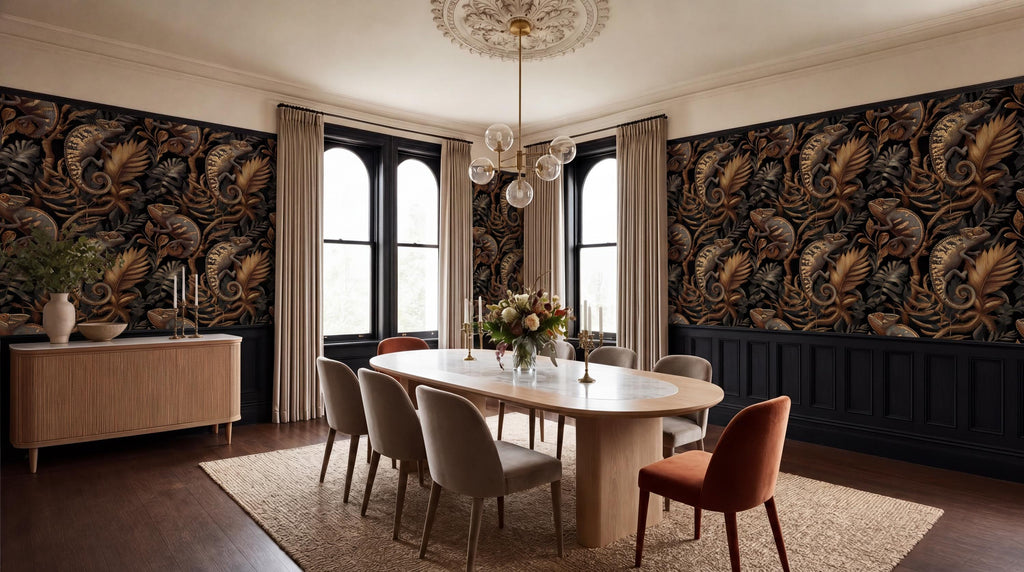 a luxurious dining room with a large wooden table surrounded by plush chairs, a chandelier overhead, and a patterned wallpaper on the walls.