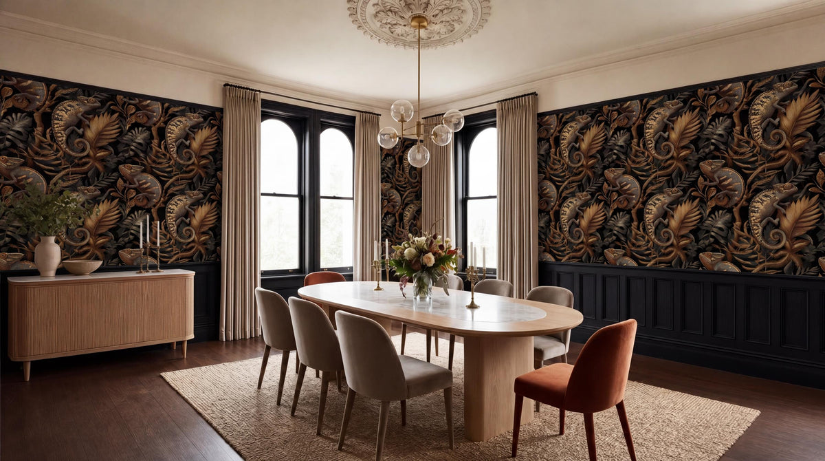 a luxurious dining room with a large wooden table surrounded by plush chairs, a chandelier overhead, and a patterned wallpaper on the walls.