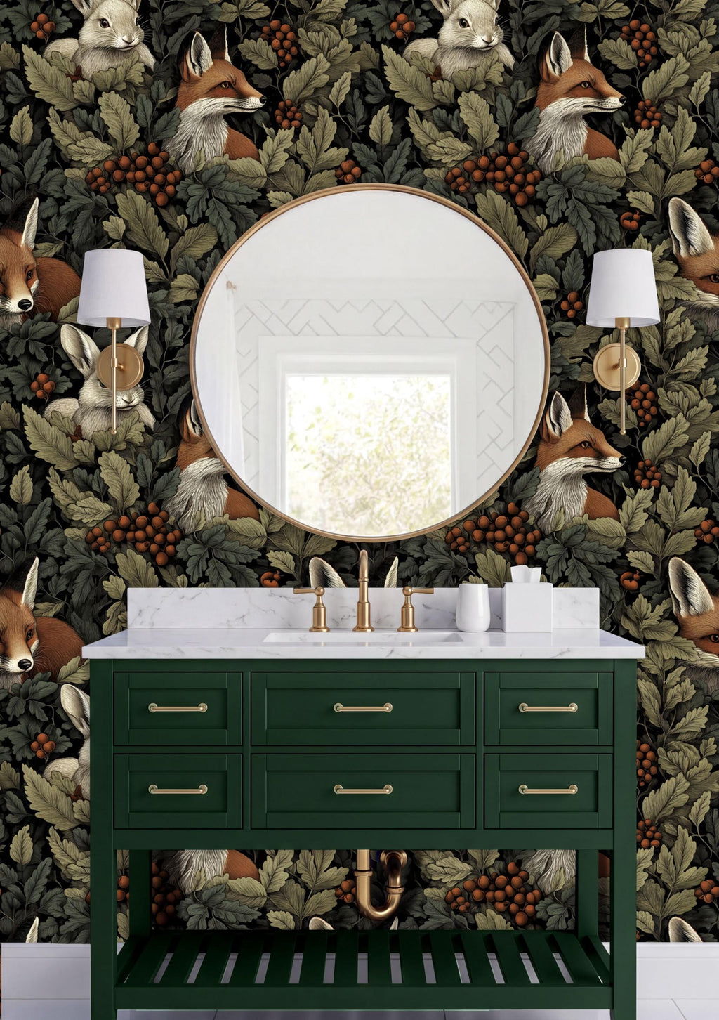 a bathroom vanity with a green cabinet and a round mirror above it, set against a wall with a large, detailed wallpaper depicting a forest scene with foxes and other animals.