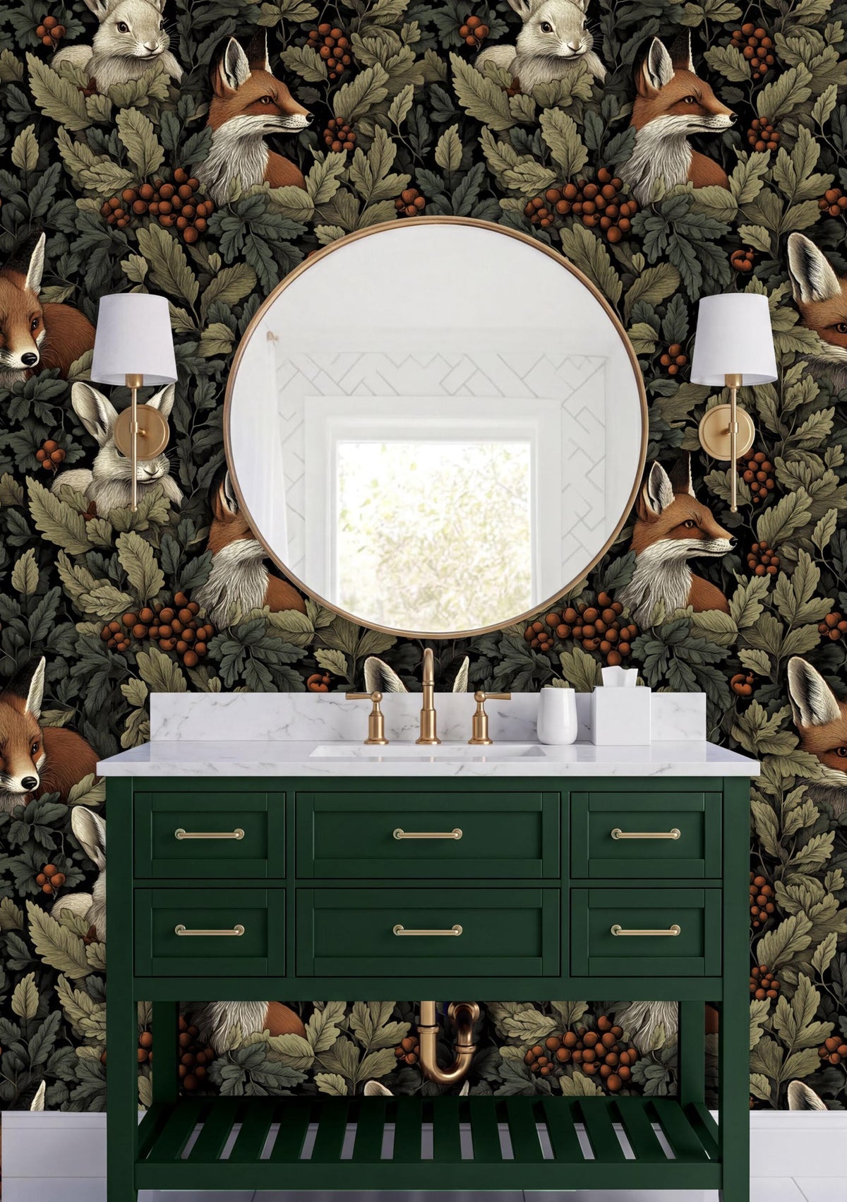 a bathroom vanity with a green cabinet and a round mirror above it, set against a wall with a large, detailed wallpaper depicting a forest scene with foxes and other animals.