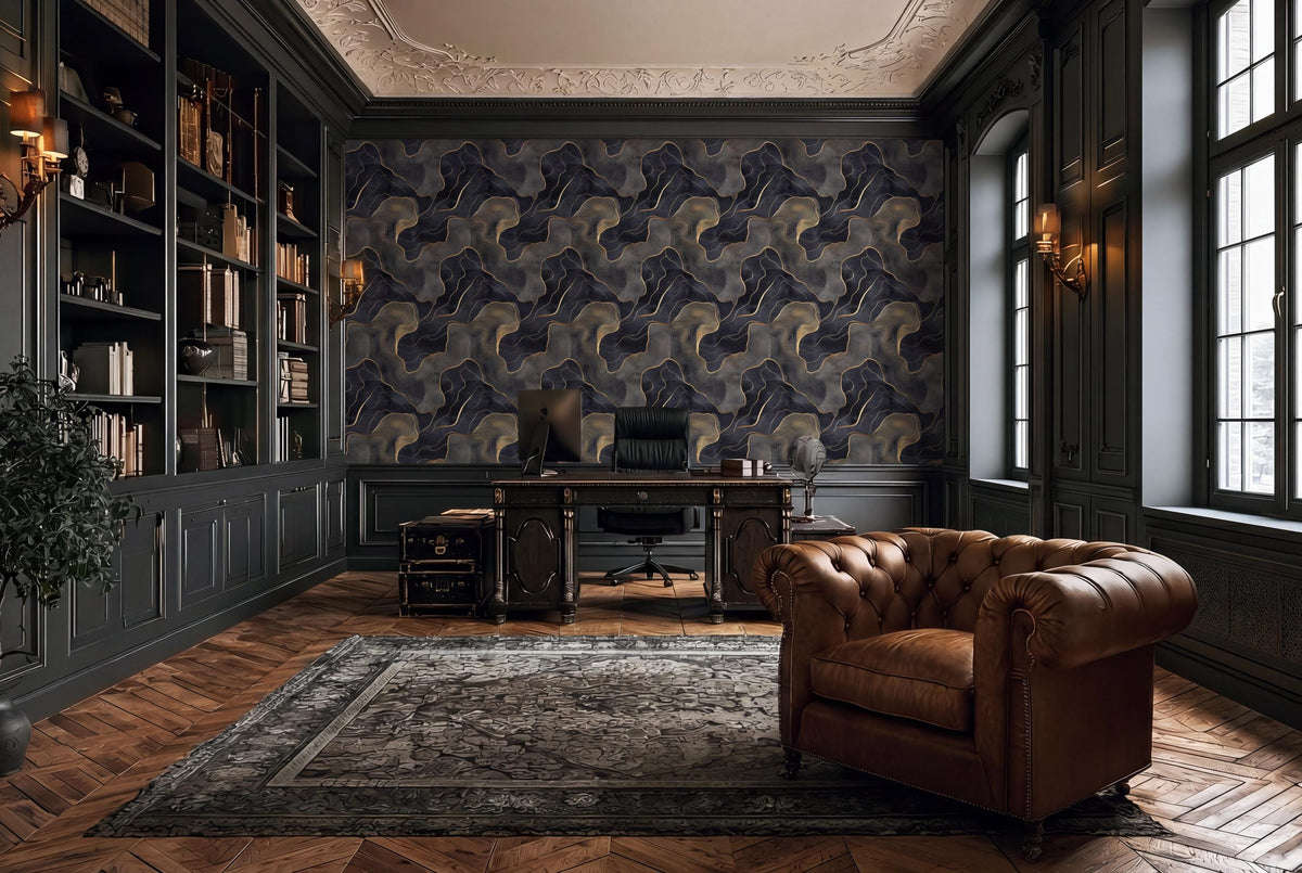 a luxurious and elegant home office with dark wood paneling, a large bookshelf, a tufted leather armchair, and a patterned rug on the floor.