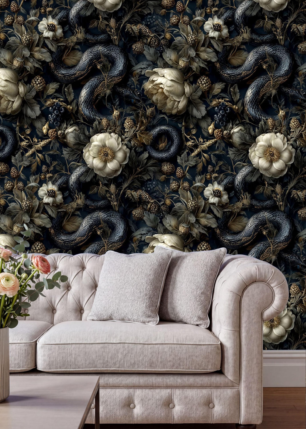 a luxurious living room with a white tufted sofa and a wooden coffee table. The sofa is positioned against a wall with a dark, ornate floral wallpaper. The wall is adorned with a variety of flowers, including white and gold flowers, as well as a snake design. The overall scene creates a sophisticated and elegant atmosphere.