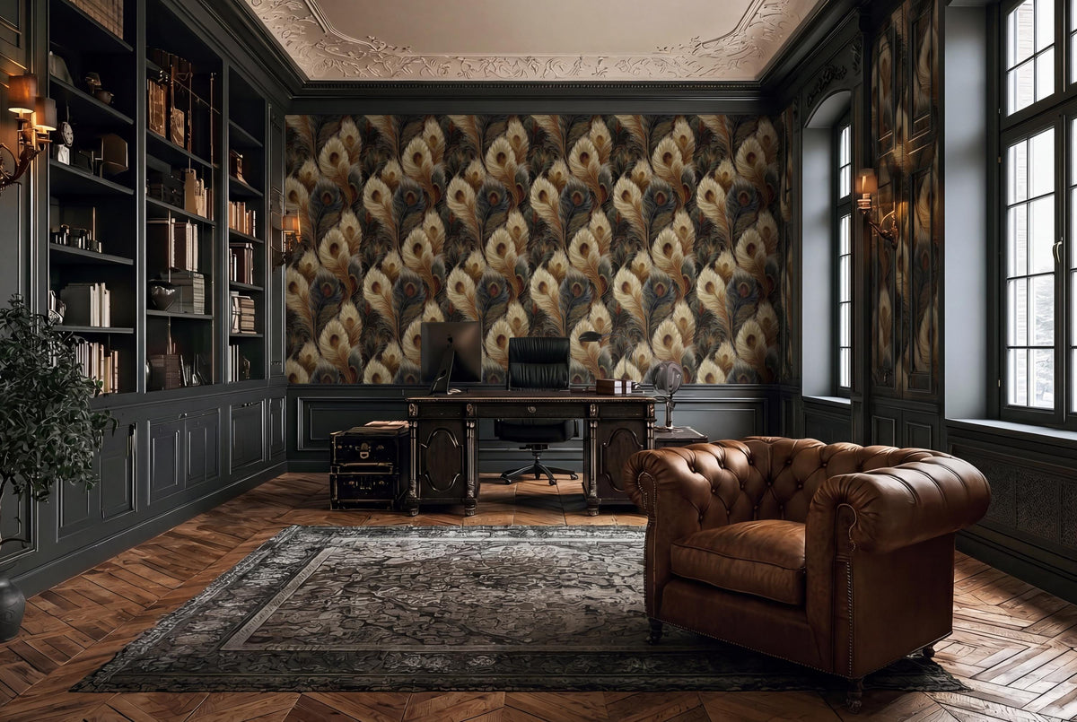 a luxurious and elegant living room with a large bookshelf, a patterned wallpaper, a tufted leather armchair, and a wooden floor.