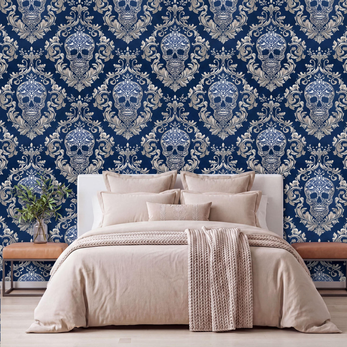 a bedroom with a large bed, a wooden nightstand, and a wallpapered wall with a repeating pattern of skull designs in shades of blue and white.