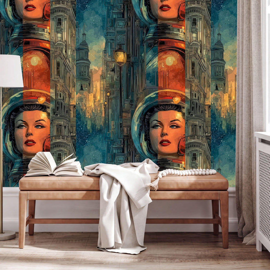 a wallpapered wall with a large, colorful illustration of a woman's face and a futuristic cityscape. In front of the wall, there is a wooden bench with an open book and a white blanket on it.