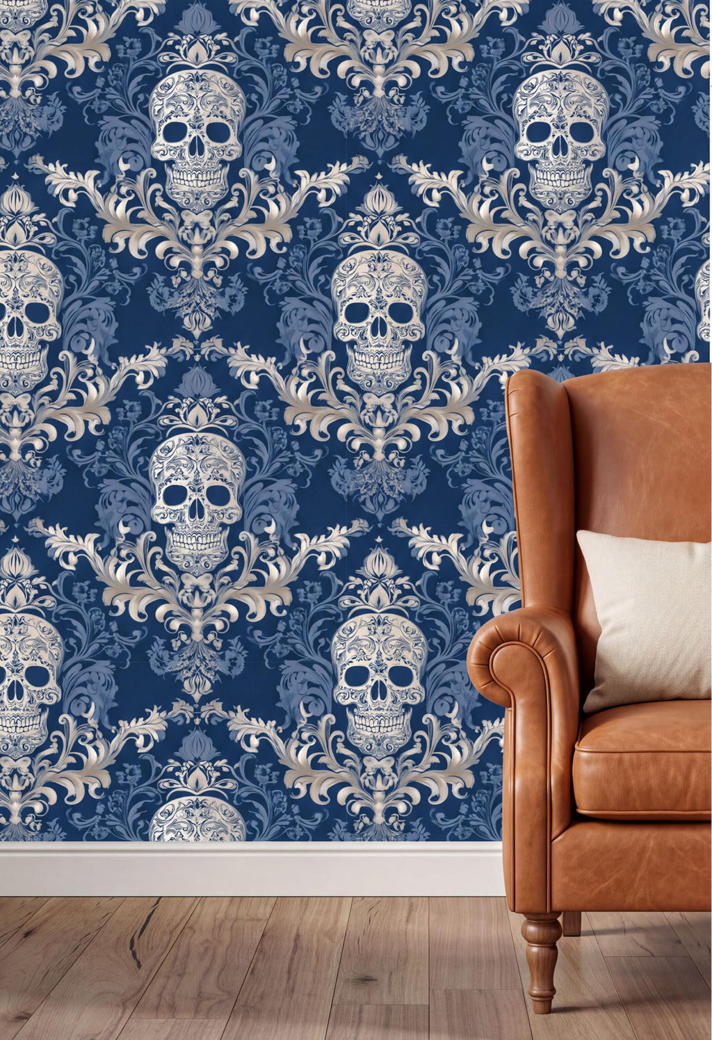 a blue and white damask wallpaper with a repeating pattern of skull designs, and a brown leather armchair with a white pillow placed against the wall.