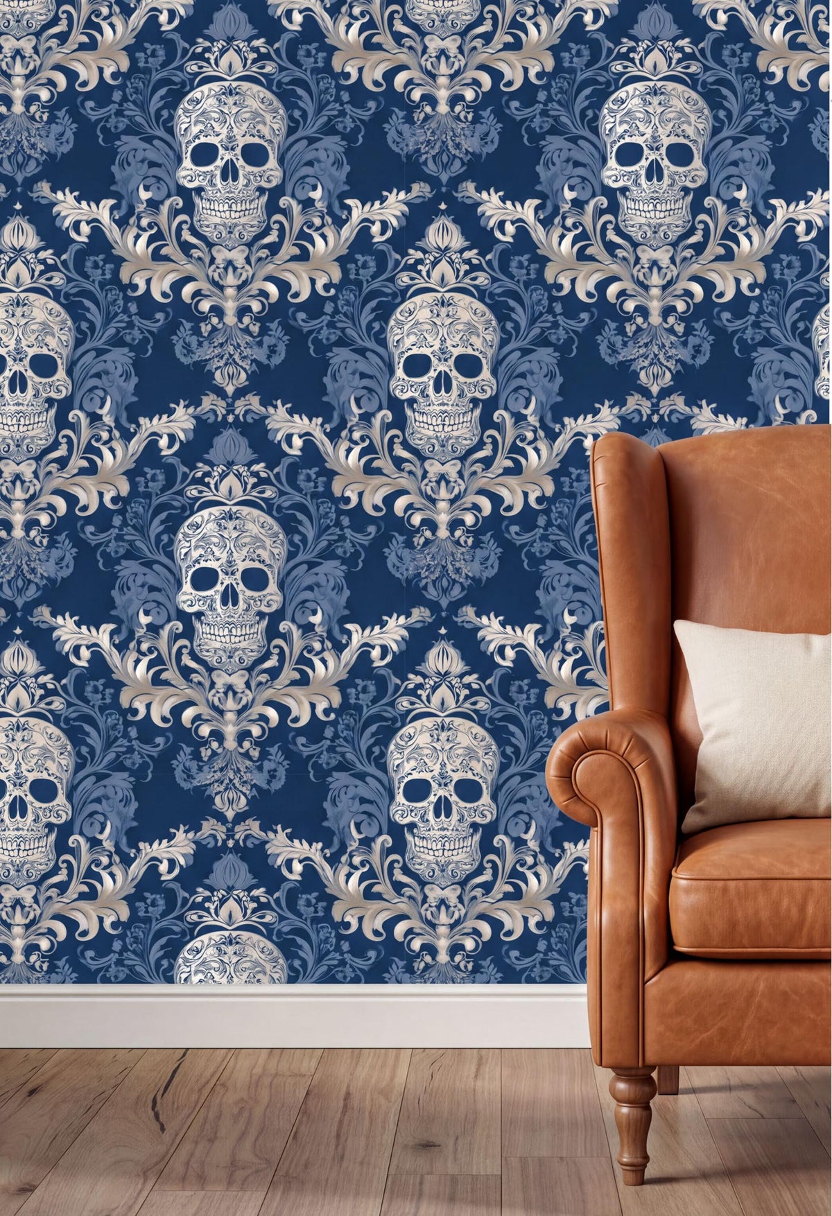 a blue and white damask wallpaper with a repeating pattern of skull designs, and a brown leather armchair with a white pillow placed against the wall.