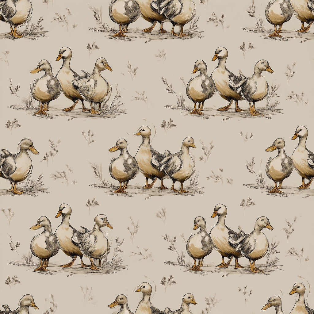 a repeating pattern of various ducks in different poses and positions, creating a visually engaging and dynamic composition.