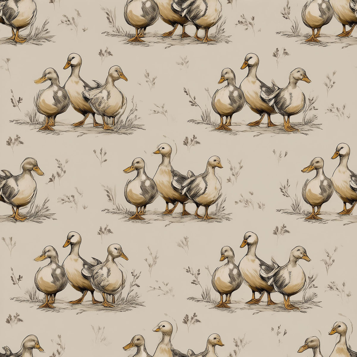 a repeating pattern of various ducks in different poses and positions, creating a visually engaging and dynamic composition.