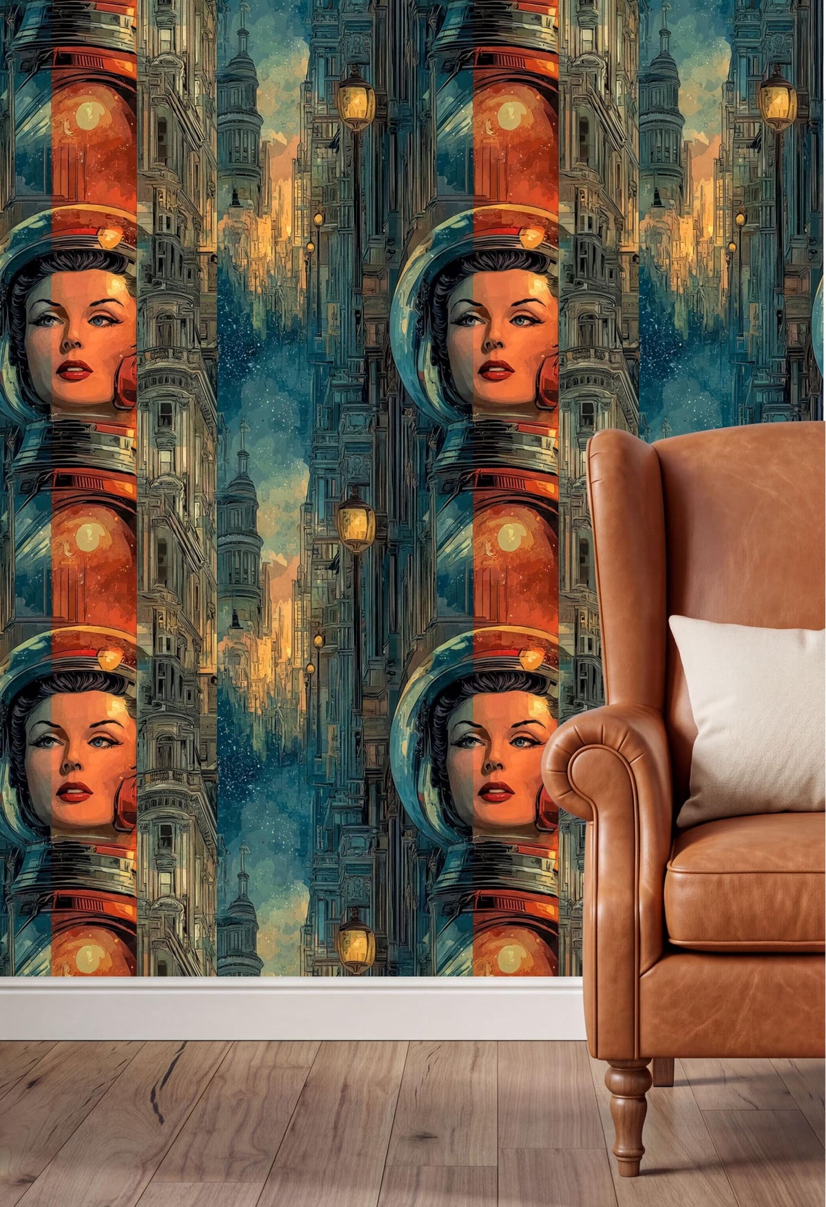 a wallpapered wall with a repeating pattern of a woman's face wearing a spacesuit, along with a cityscape and a starry night sky background. There is a brown leather armchair in the foreground.