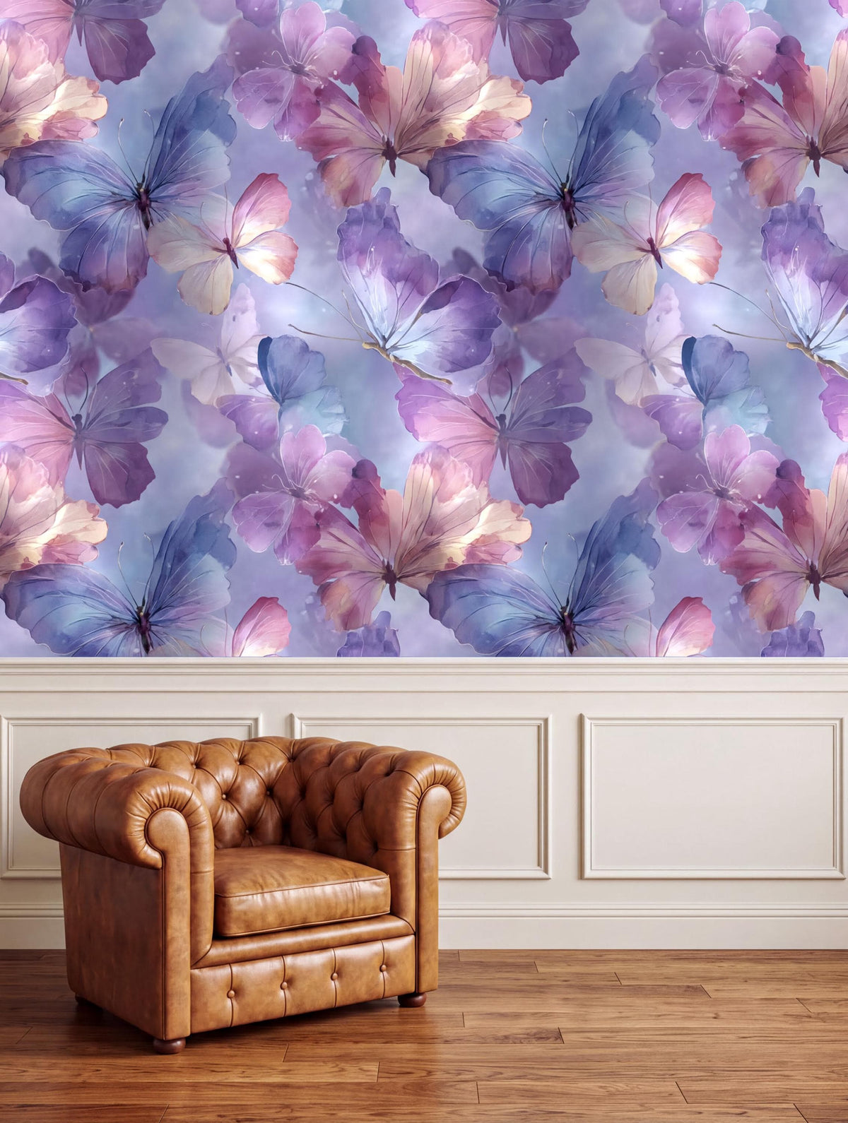 a brown leather armchair positioned in front of a wall with a vibrant floral wallpaper.