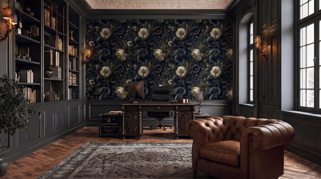 a luxurious and elegant living room with a large bookshelf, a tufted leather armchair, and a patterned wallpaper accent wall.