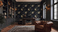 a luxurious and elegant living room with a large bookshelf, a tufted leather armchair, and a patterned wallpaper accent wall.