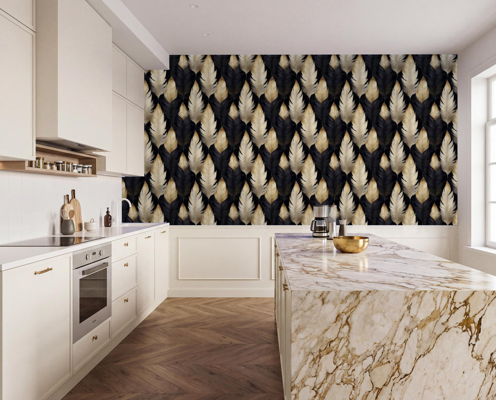 a modern kitchen with a marble countertop and a black and gold feather-patterned wallpaper on the wall.