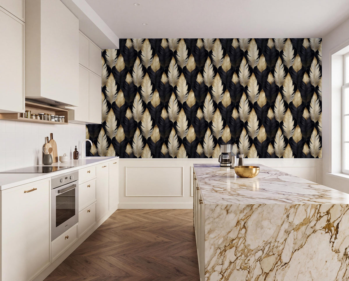 a modern kitchen with a marble countertop and a black and gold feather-patterned wallpaper on the wall.