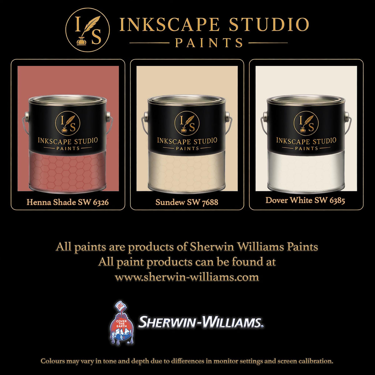 The image is an advertisement for Sherwin Williams paints, featuring three different paint color samples from the Inkscape Studio.