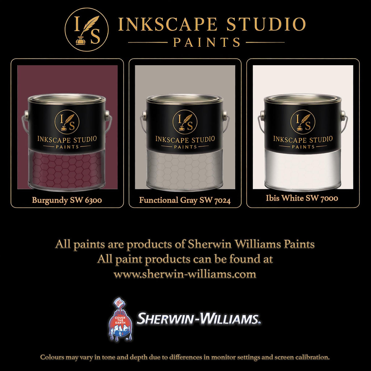 The image is an advertisement for Sherwin Williams paints, featuring three different paint color samples from the Inkscape Studio.