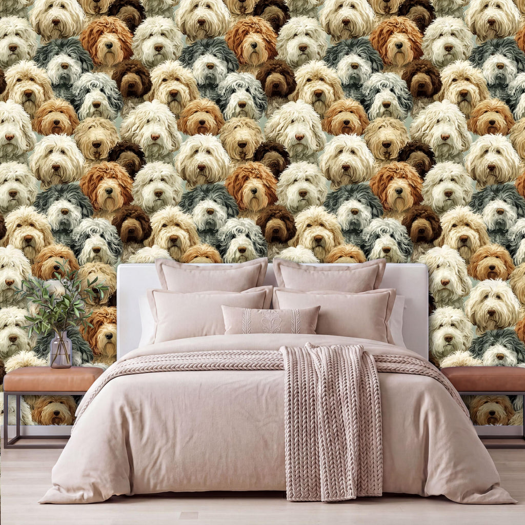 a bedroom with a large wall mural depicting a collage of various dog breeds. The mural covers the entire wall, creating a visually striking and unique design element. The bed in the room has a white comforter and beige pillows, providing a neutral and calming contrast to the vibrant wall mural.