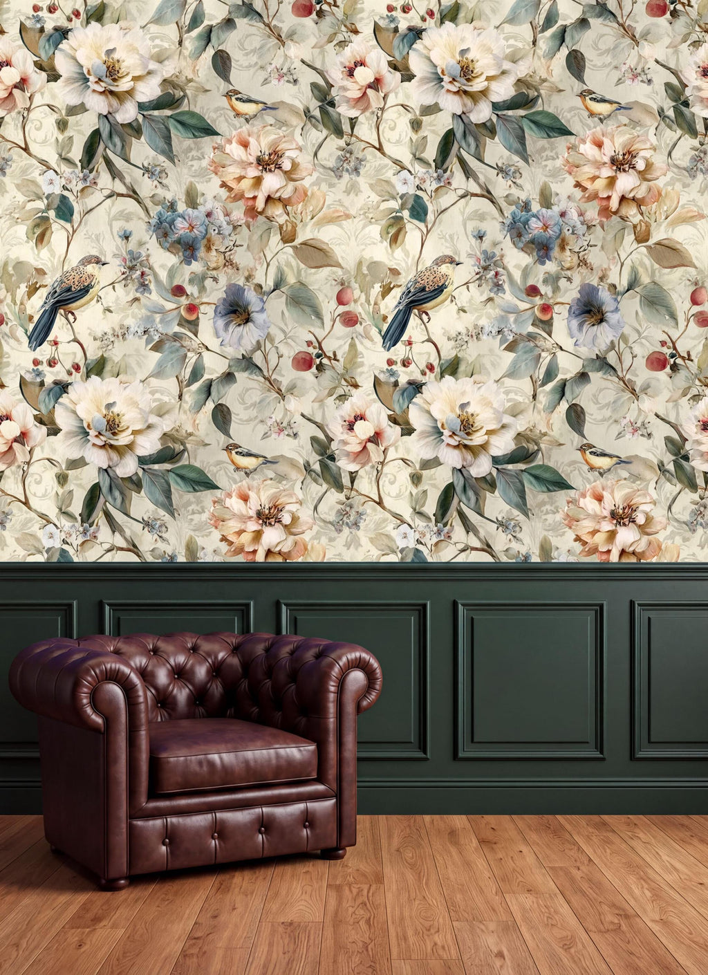 a brown leather armchair positioned in front of a wall with a floral wallpaper.