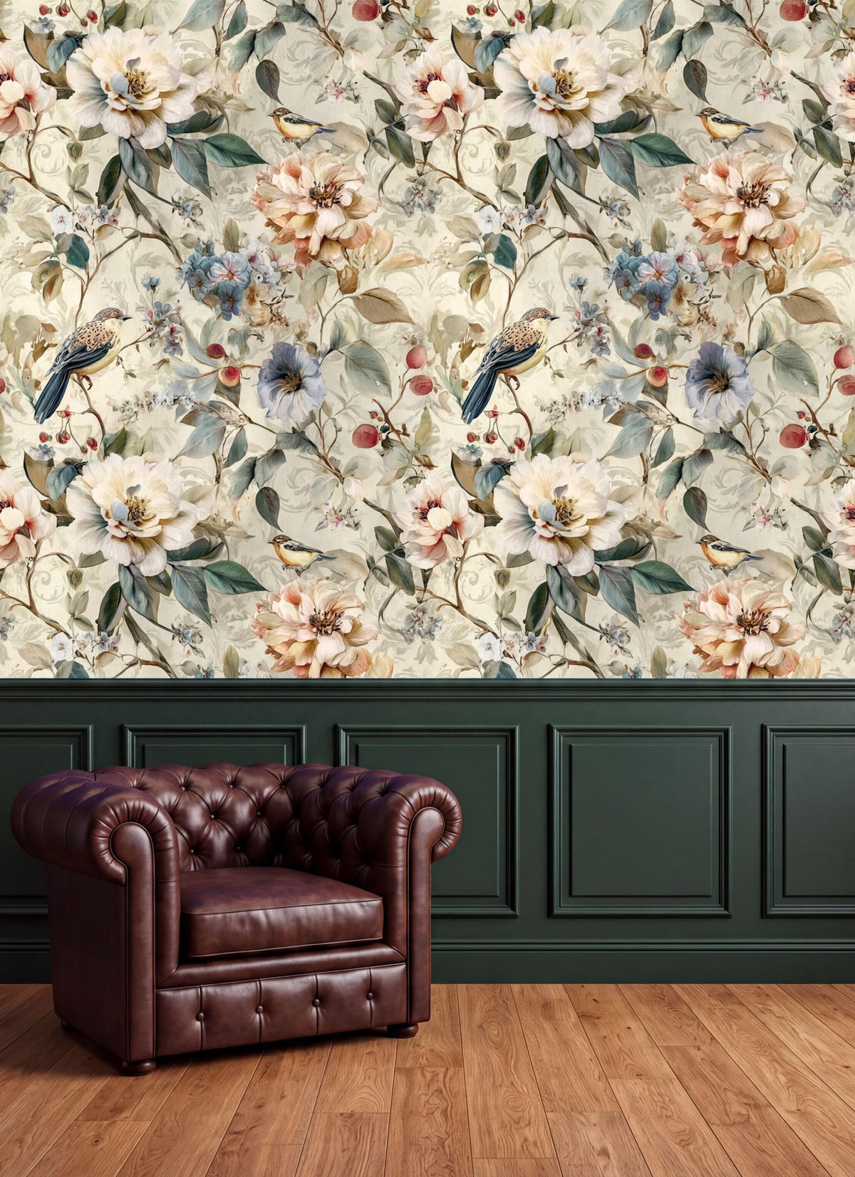 a brown leather armchair positioned in front of a wall with a floral wallpaper.