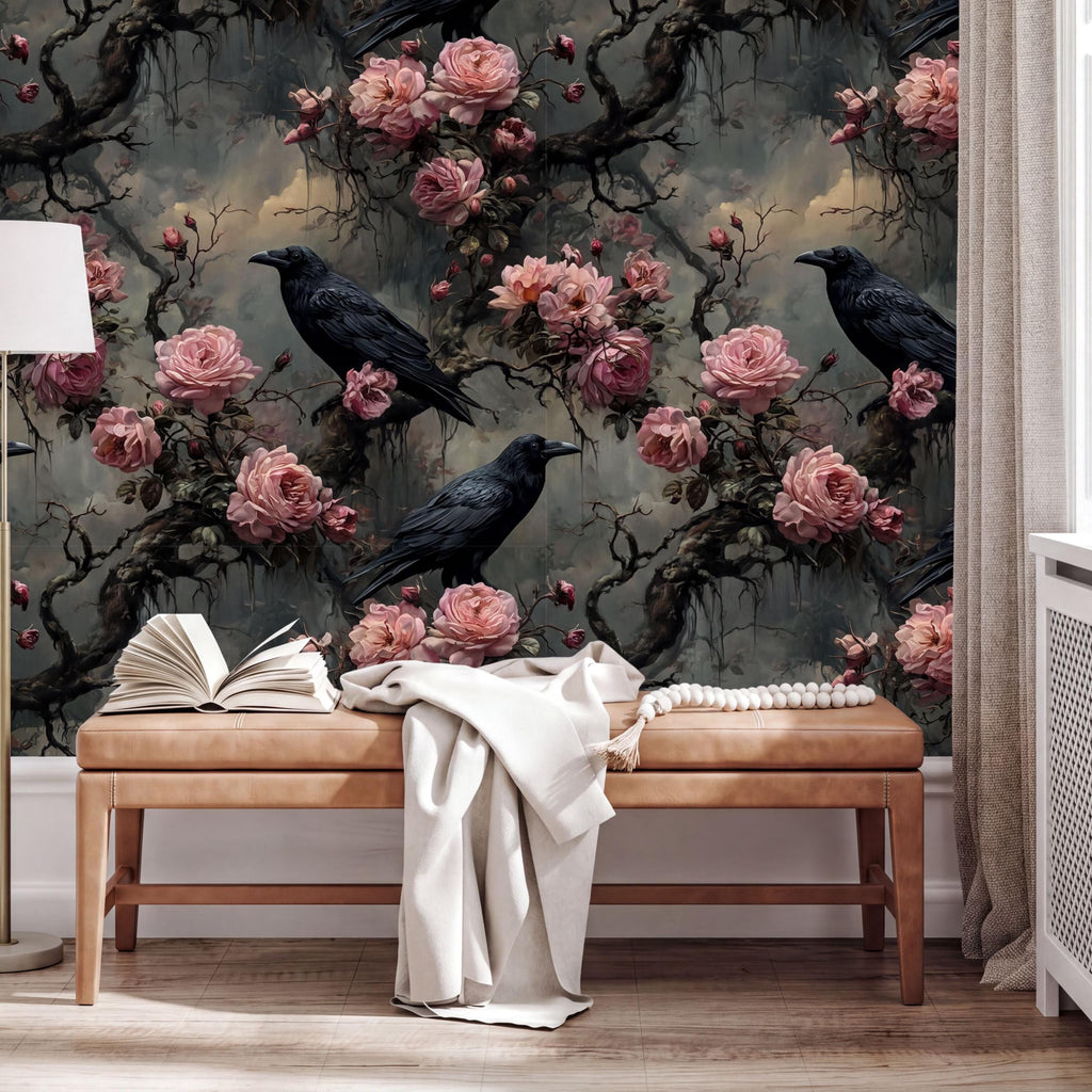 a wooden bench with an open book on it, set against a wall with a floral wallpaper. The wall is adorned with pink flowers and black crows.