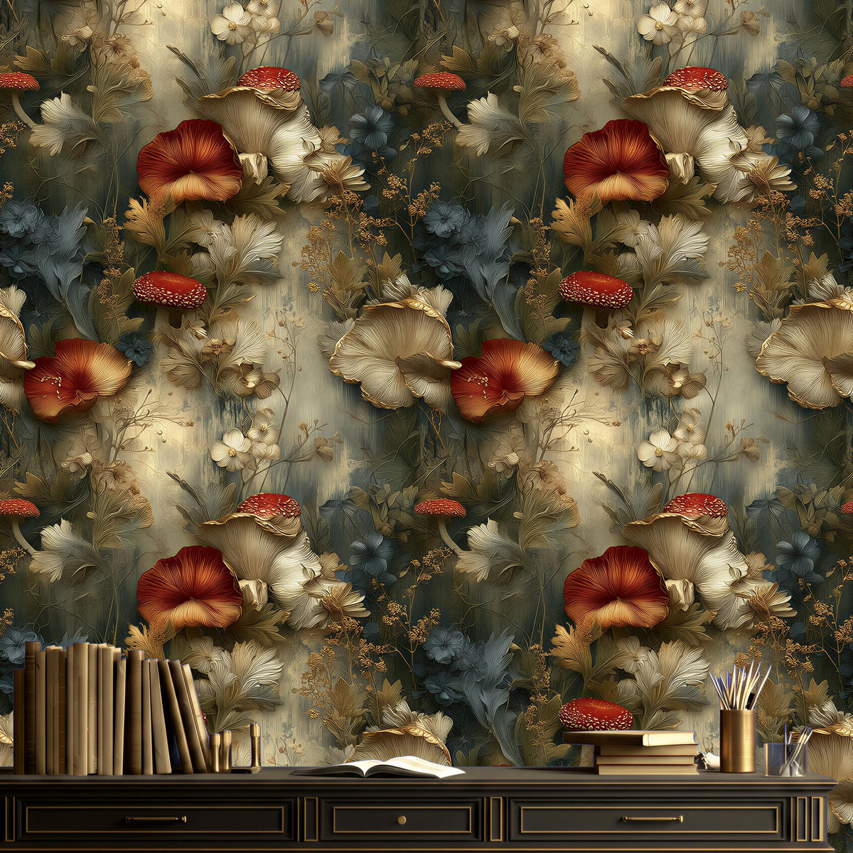 a wallpapered wall with a floral pattern, including red and white flowers, along with mushrooms and other natural elements. On a wooden table in front of the wall, there are several books and a cup.