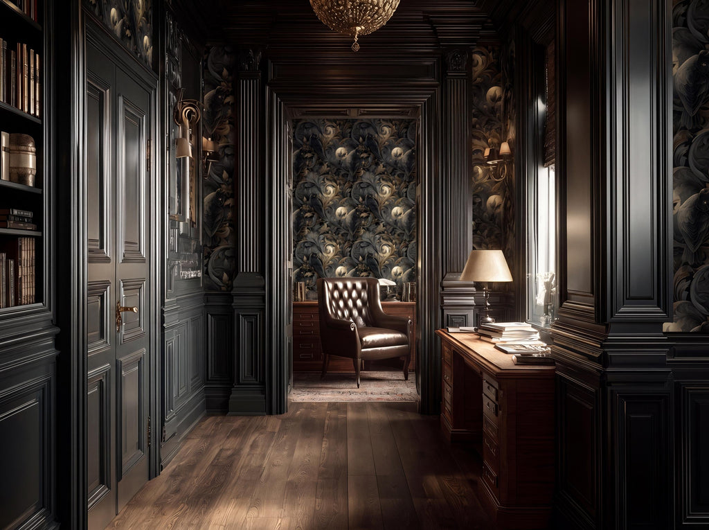 a luxurious and ornate room with dark wood paneling, a chandelier, and a desk with a lamp.