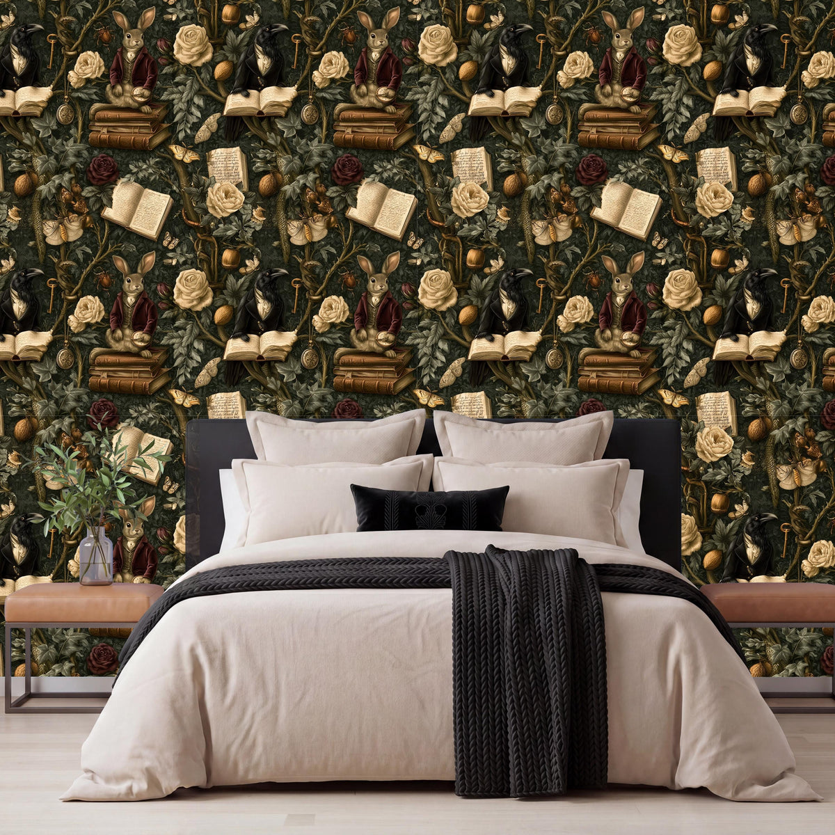 a bedroom with a large bed, a black and white blanket, and a wooden nightstand on each side. The walls behind the bed are covered in a wallpaper with a repeating pattern of books, flowers, and other decorative elements in shades of green, brown, and gold.