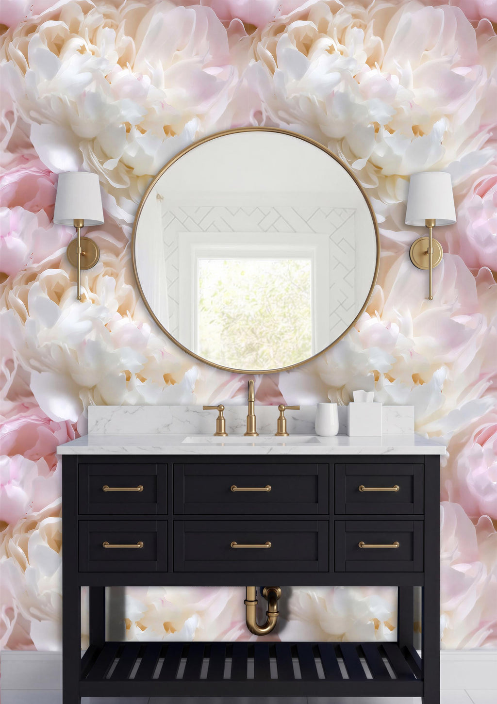 a bathroom vanity with a black cabinet and a round mirror above it. The vanity has gold handles and is set against a wall with a floral wallpaper.