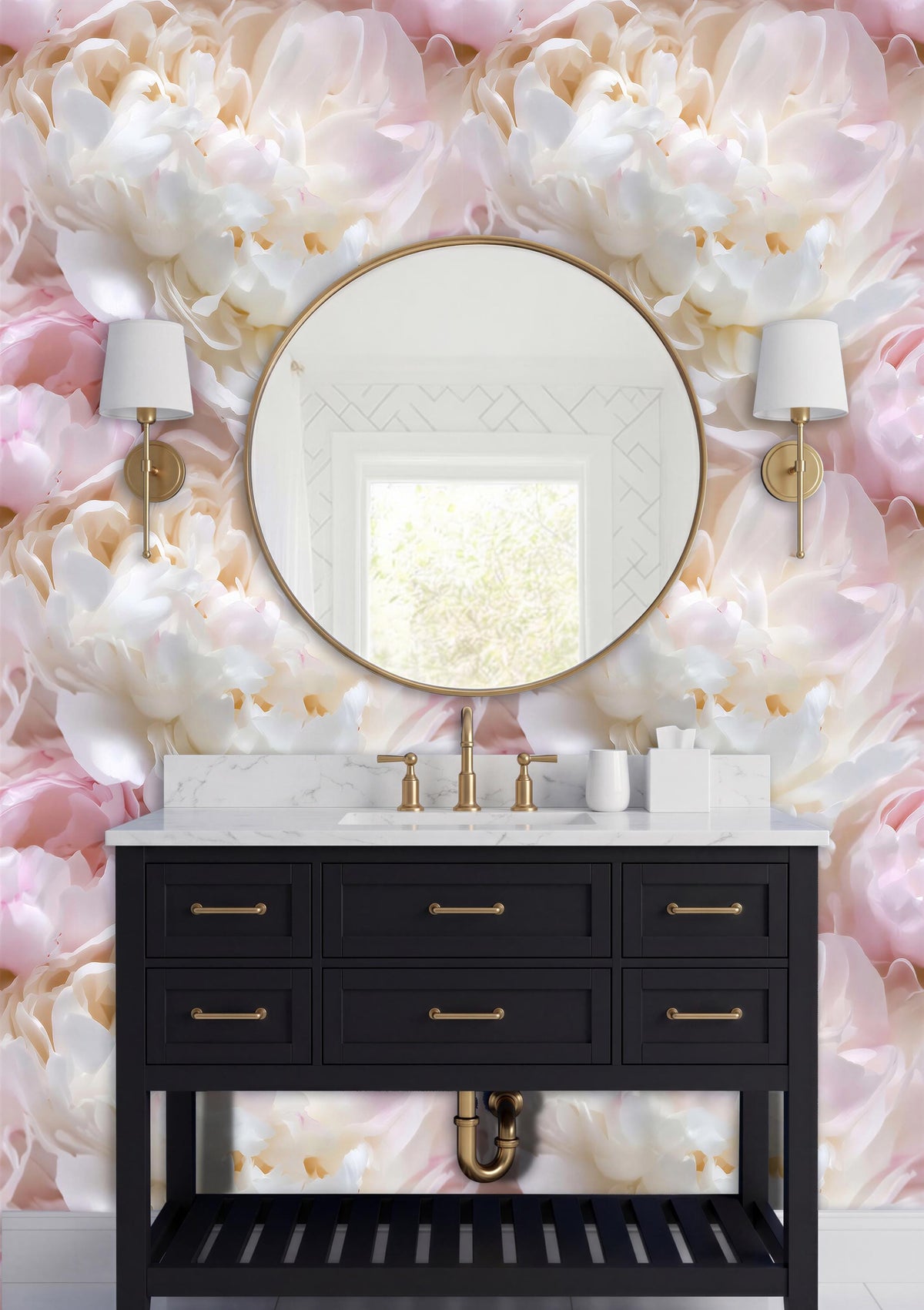 a bathroom vanity with a black cabinet and a round mirror above it. The vanity has gold handles and is set against a wall with a floral wallpaper.