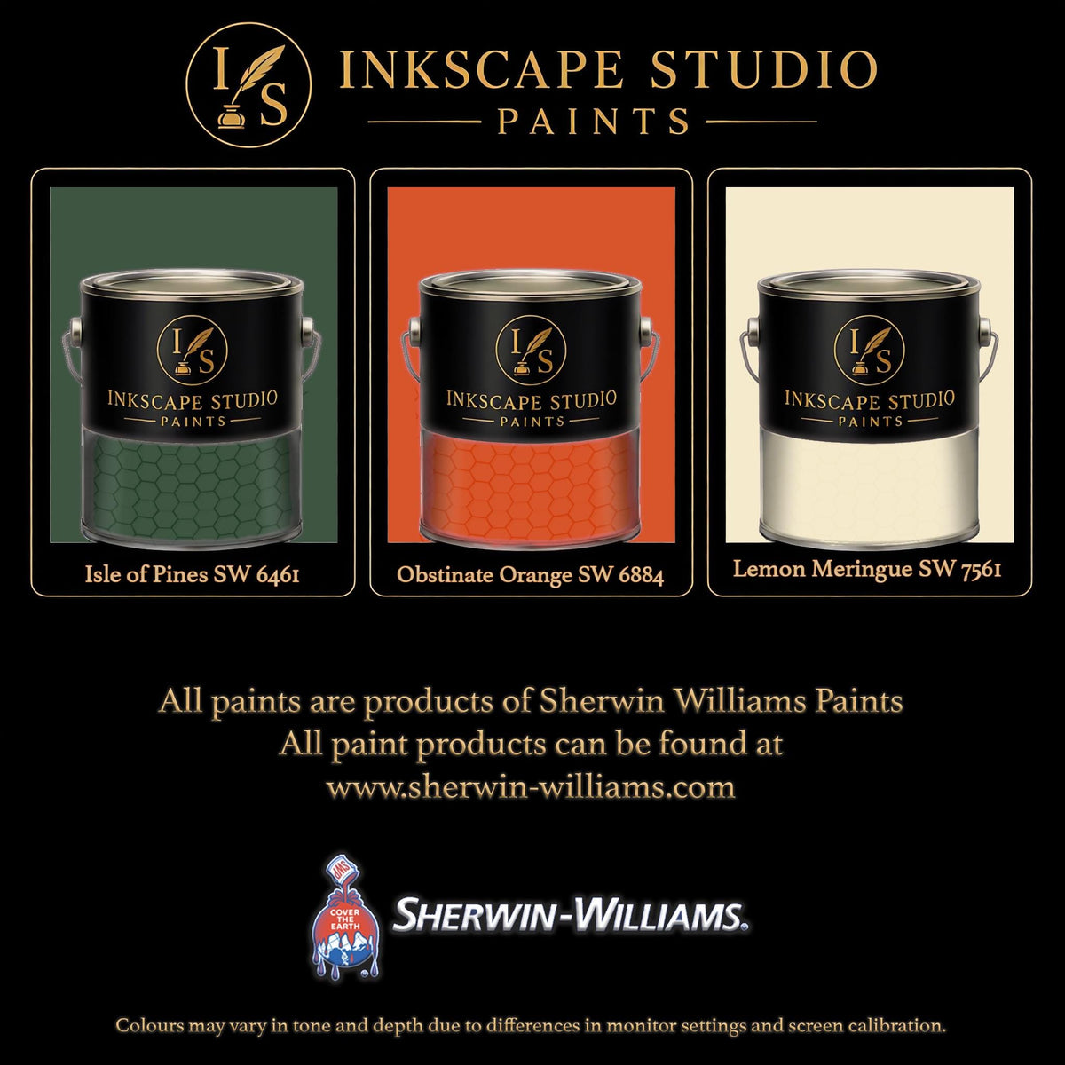 The image is an advertisement for Sherwin Williams paints, featuring three different paint colors: green, orange, and white.
