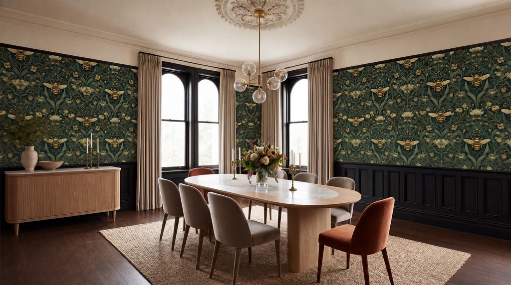 a formal dining room with a large wooden table surrounded by six chairs. The walls are covered in a green and gold wallpaper with a honeycomb pattern, and the room features a chandelier, a large window, and a wooden floor.