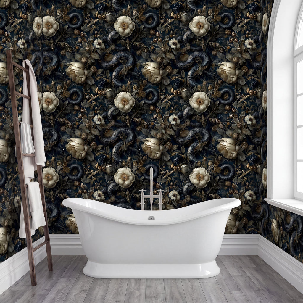 a luxurious bathroom with a freestanding bathtub, a wooden ladder, and a dark floral wallpaper.