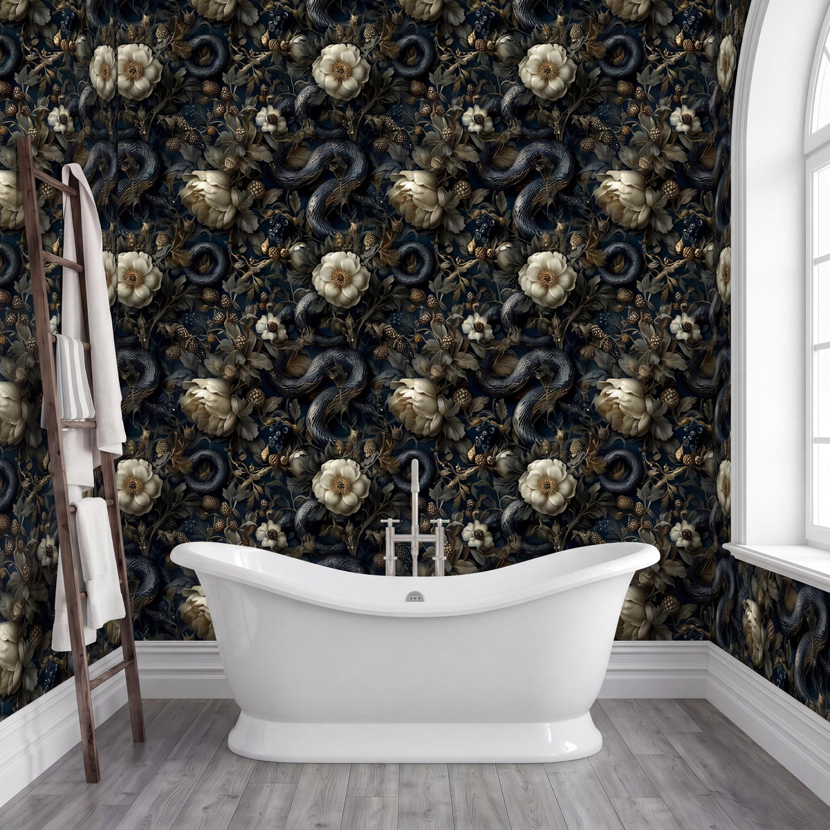 a luxurious bathroom with a freestanding bathtub, a wooden ladder, and a dark floral wallpaper.