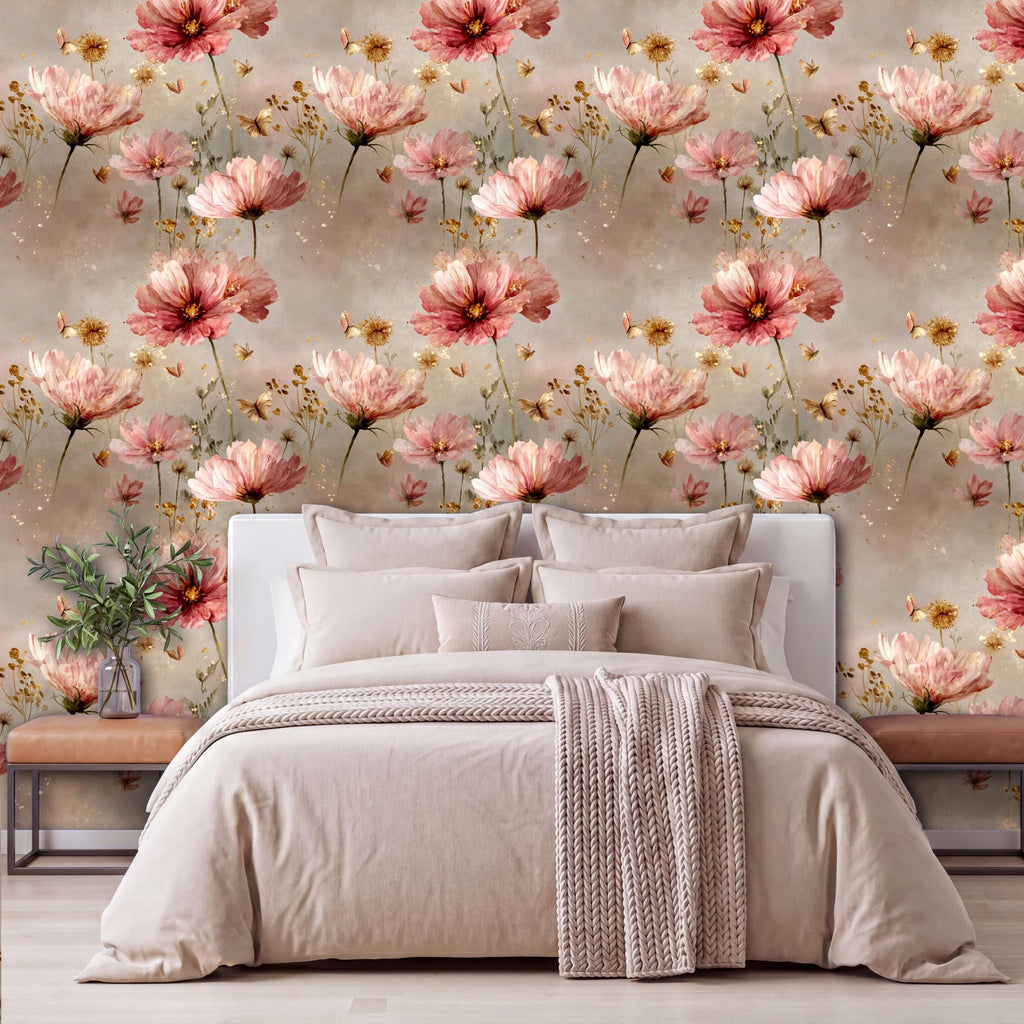 a bedroom with a large floral wallpaper behind the bed. The wallpaper has a pink and white color scheme with various flowers and foliage. The bed is dressed in a beige comforter and has several pillows. There is also a vase of flowers on the nightstand next to the bed.
