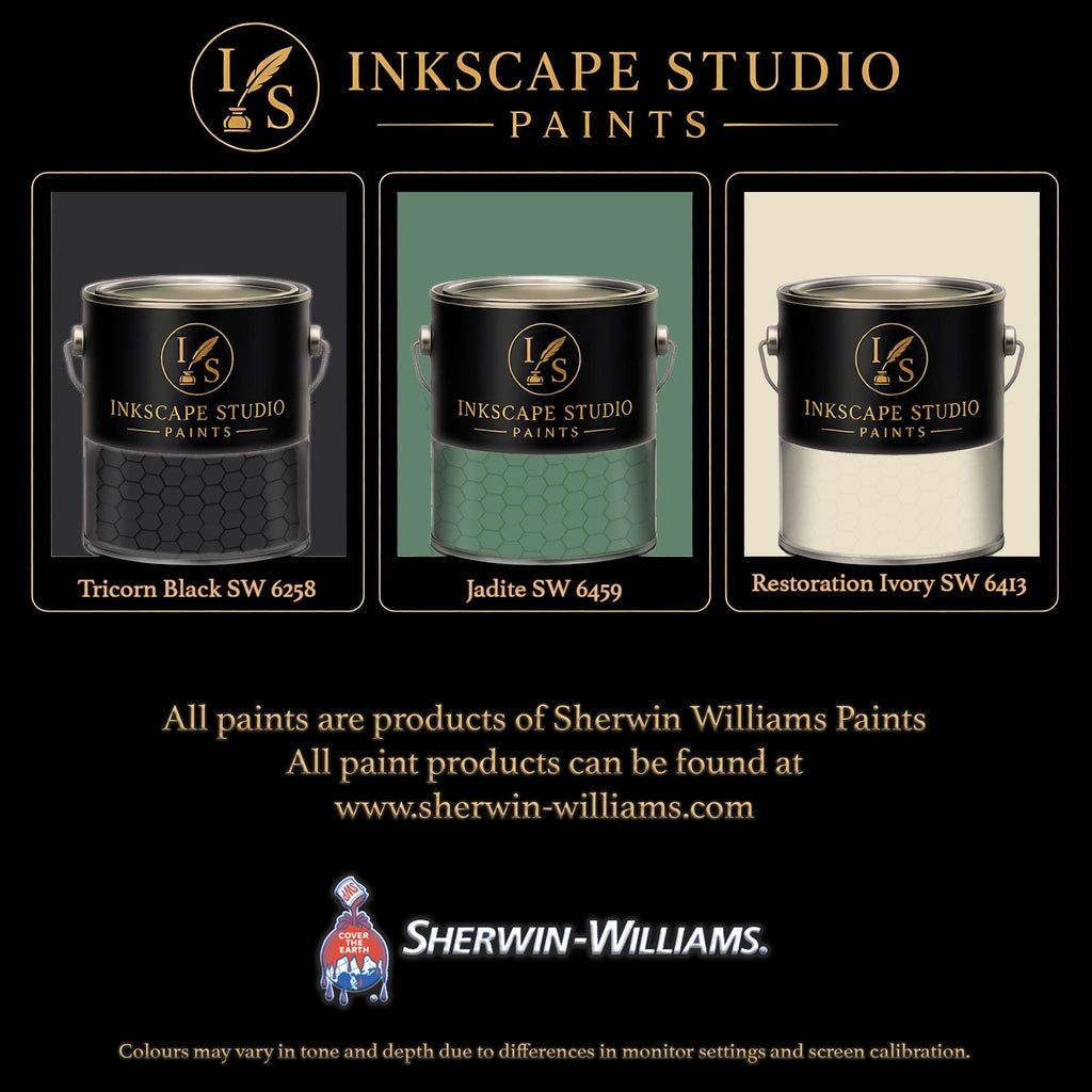 The image is an advertisement for Sherwin Williams paints, featuring three different paint color samples from the Inkscape Studio.