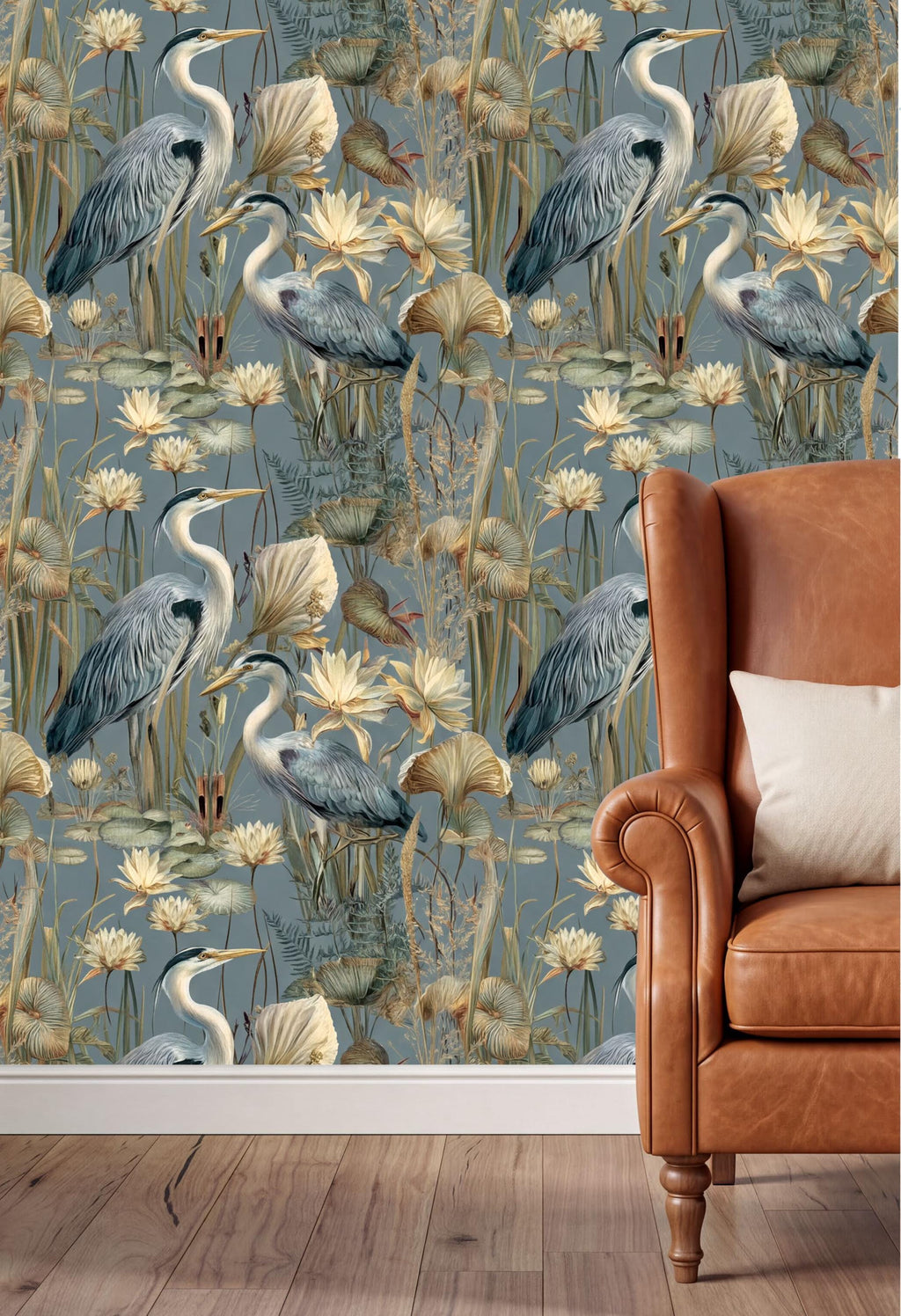 a wallpapered wall with a repeating pattern of blue herons and yellow flowers, creating a serene and nature-inspired atmosphere. In the foreground, there is a brown leather armchair with a white pillow, providing a cozy and inviting setting.