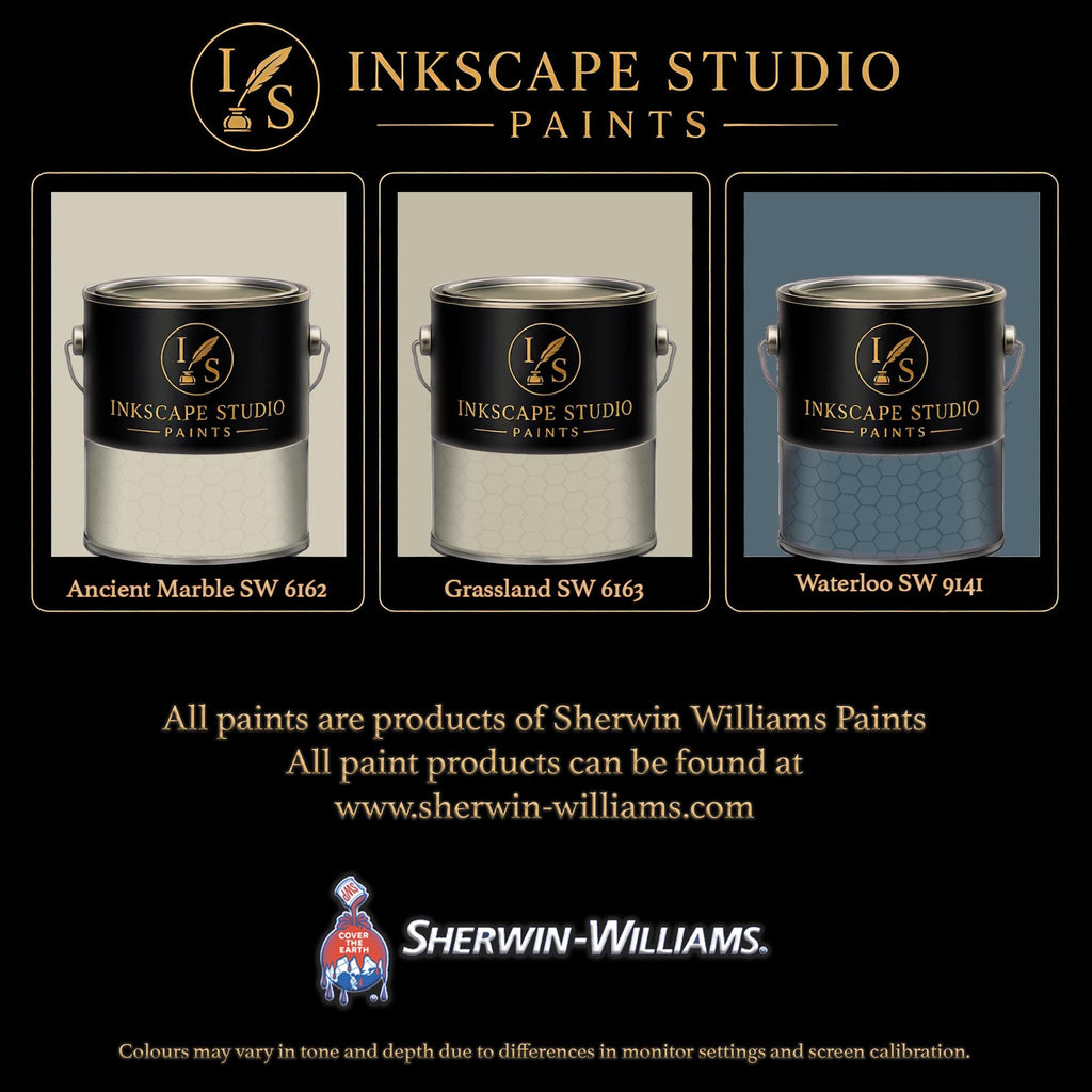 The image is an advertisement for Sherwin Williams paints, featuring three different paint color samples from the Inkscape Studio.