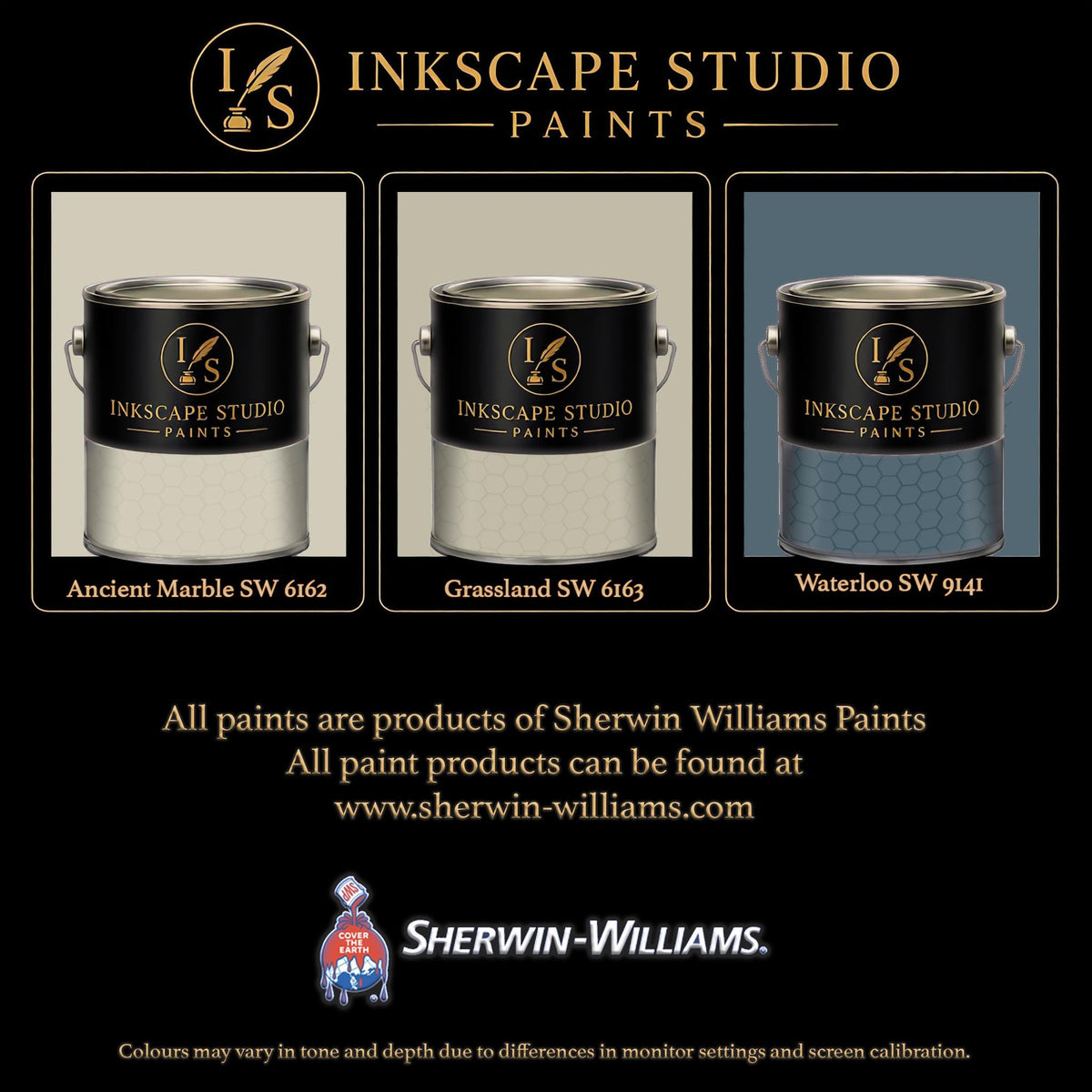 The image is an advertisement for Sherwin Williams paints, featuring three different paint color samples from the Inkscape Studio.